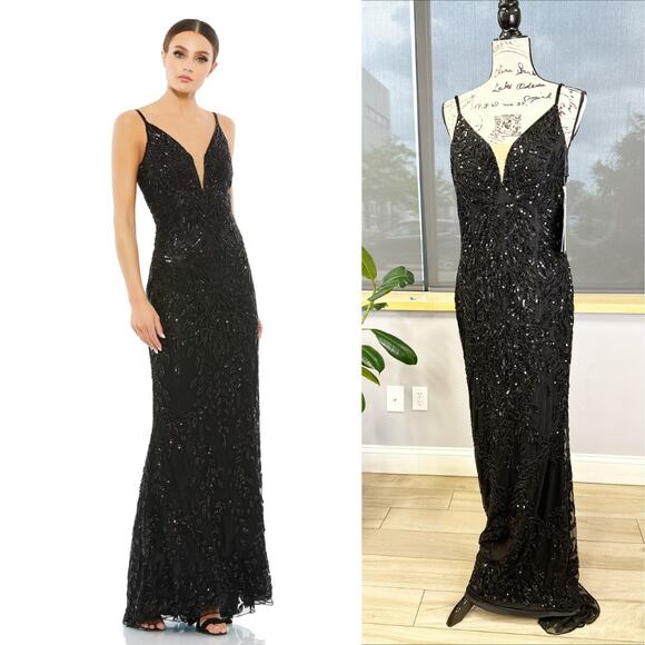Mac Duggal Plunging V Neck Embellished Leaf Evening Gown Black Size 6 - Picture 1 of 9